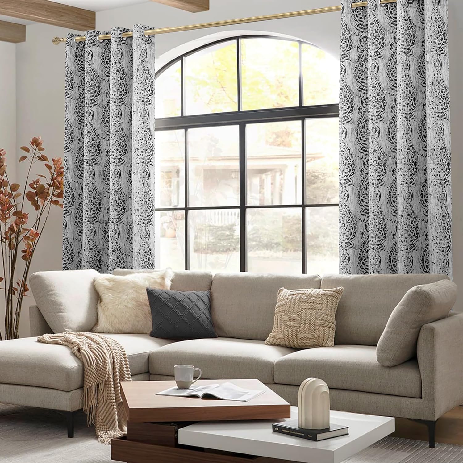 Mrs.Naturall Cortinas de sala de estar color crema negro y gris de 84 pulgadas de largo, con patrón de damasco con bloqueo de luz oscura,