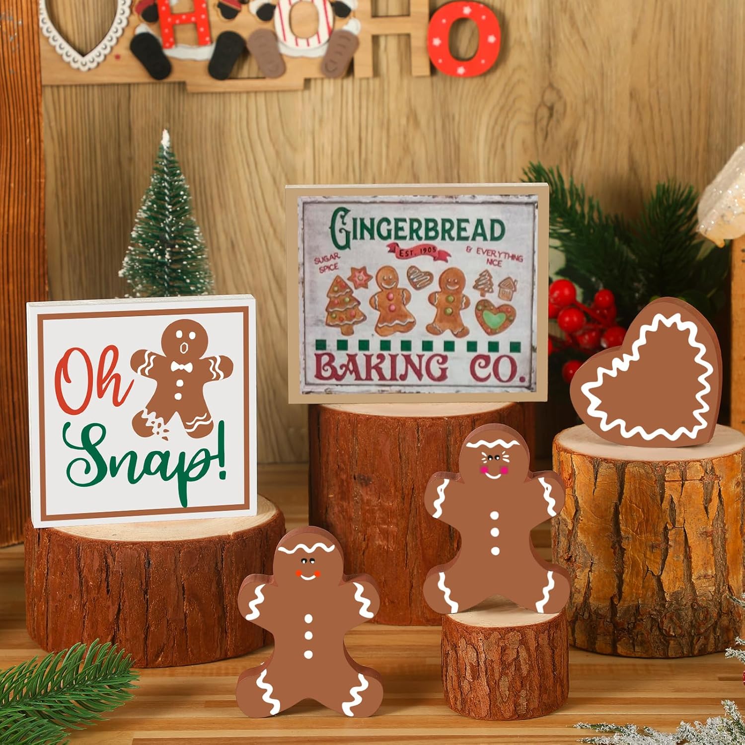 Suzile 5 piezas de decoración de mesa de hombre de jengibre de Navidad, bandeja rústica escalonada de madera de jengibre para árbol de Navidad,