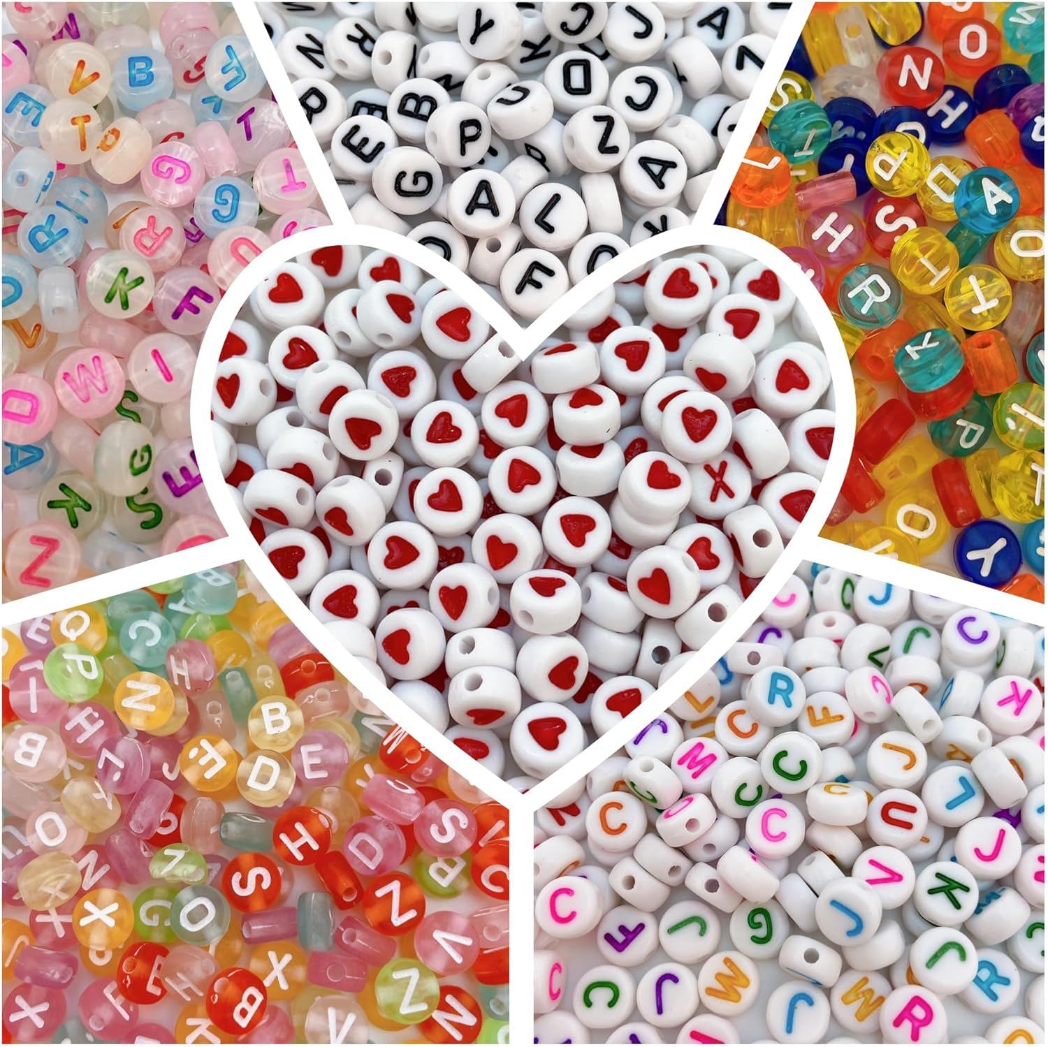 Juego de 1200 cuentas de letras de 6 colores redondos acrílicos del alfabeto, pulseras de la amistad, cuentas del alfabeto surtido con 1 rollo de