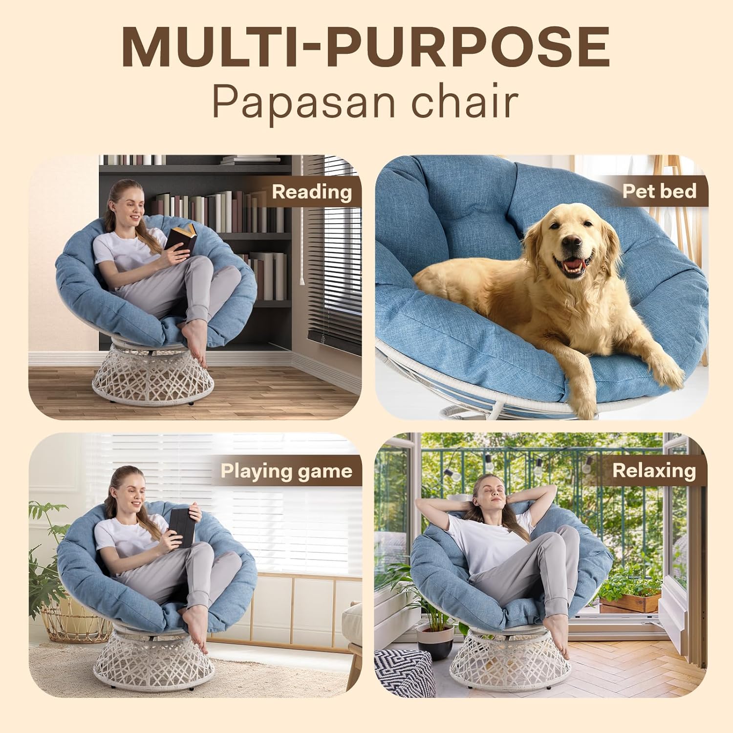 Bme Silla Papasan ergonómica de mimbre con cojín de tela de densidad gruesa suave, marco de acero de alta capacidad, giro de 360 grados para sala,