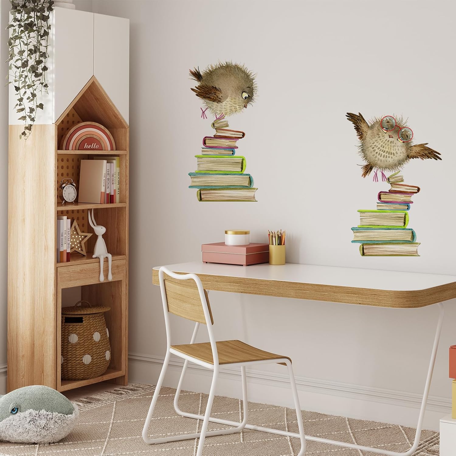 Calcomanías de pared con diseño de búhos y libros, lindos animales, papel tapiz educativo para despegar y pegar para habitación de niños, rincón de