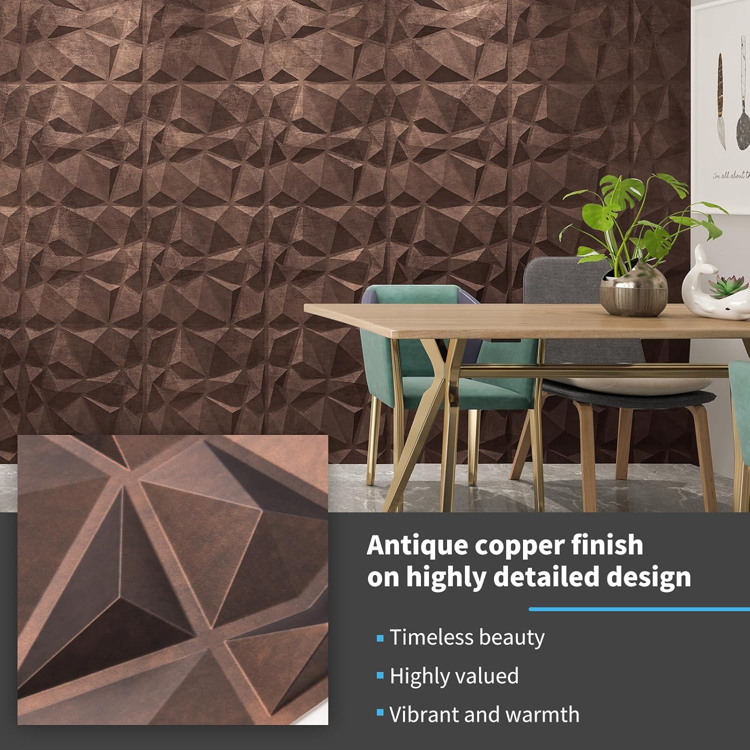 Art3d Textures A10038AC – Paneles de pared 3D con diseño de diamante de cobre antiguo para decoración de pared interior, paquete de 12 azulejos de