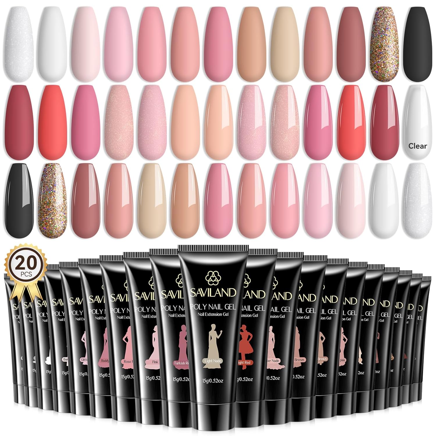 Saviland Kit de gel de extensión de uñas de polivinílico de 20 colores, colección clásica de color rosa nudes, kit de uñas de gel de larga duración