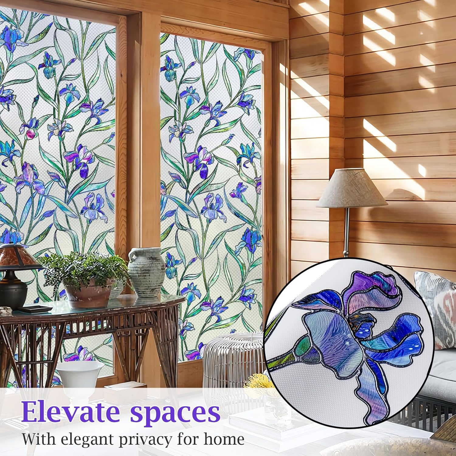 Coavas Película de privacidad para ventana, 3D, diseño floral, violeta, vitral, se adhiere a la estática, calcomanías esmeriladas para baño,