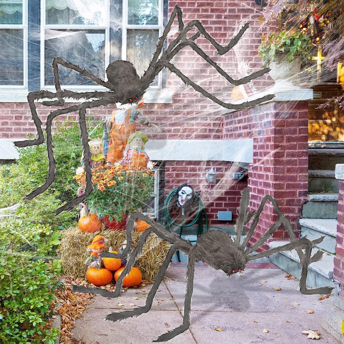 Araña marrón gigante de Halloween, paquete de 3 arañas peludas realistas de 5 pies 4 pies 3.2 pies para decoración de Halloween, interiores y