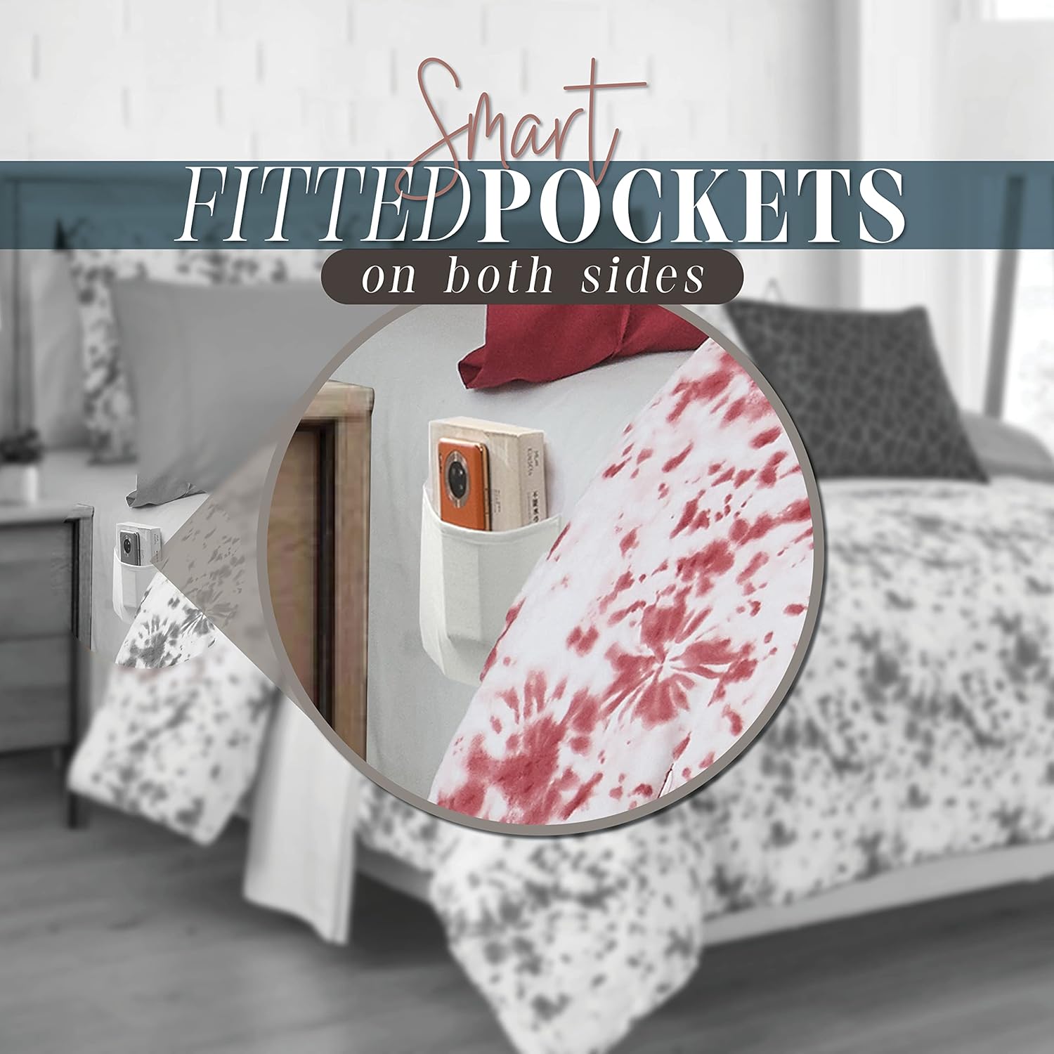 Elegant Comfort Juego de edredón reversible de 10 piezas, estampado de teñido anudado, almohada decorativa y sábana bajera con bolsillos