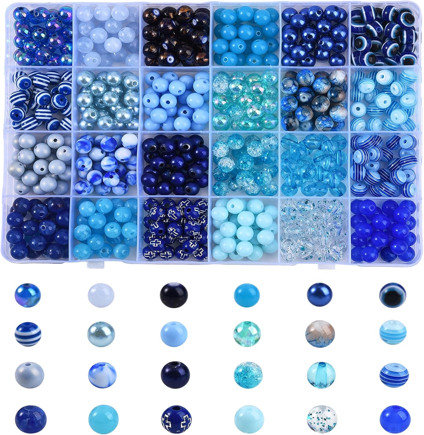 LiQunSweet 24 estilos 0.315 in tema azul redondo cuentas acrílicas espaciador surtido lote para hacer joyas, pulseras, aretes, collar, llavero,