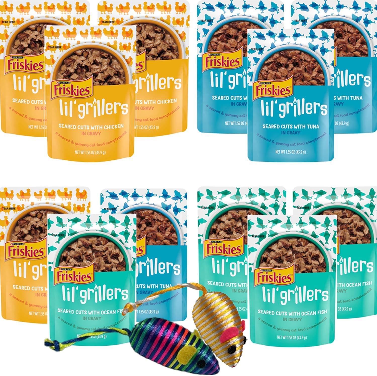 Friskies Lil Grillers – Bolsas de comida húmeda para gatos, paquete variado de 3 sabores, paquete de 12 – Cortes chamuscados con pollo, pescado