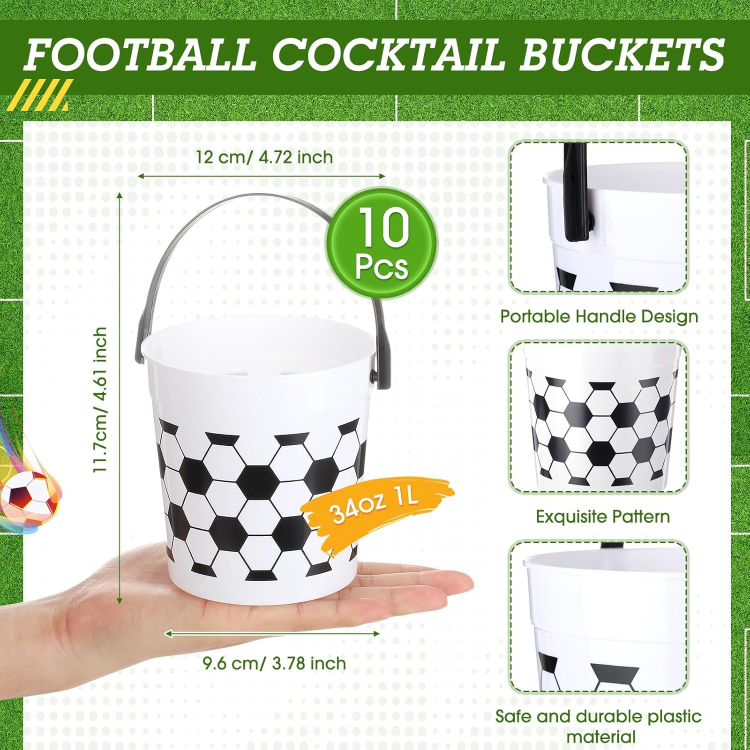 Mifoci Cubo de plástico pequeño con asas de 34 onzas, versátil cubo de fútbol para golosinas de fútbol, cubo de hielo a granel para bebidas de vino,