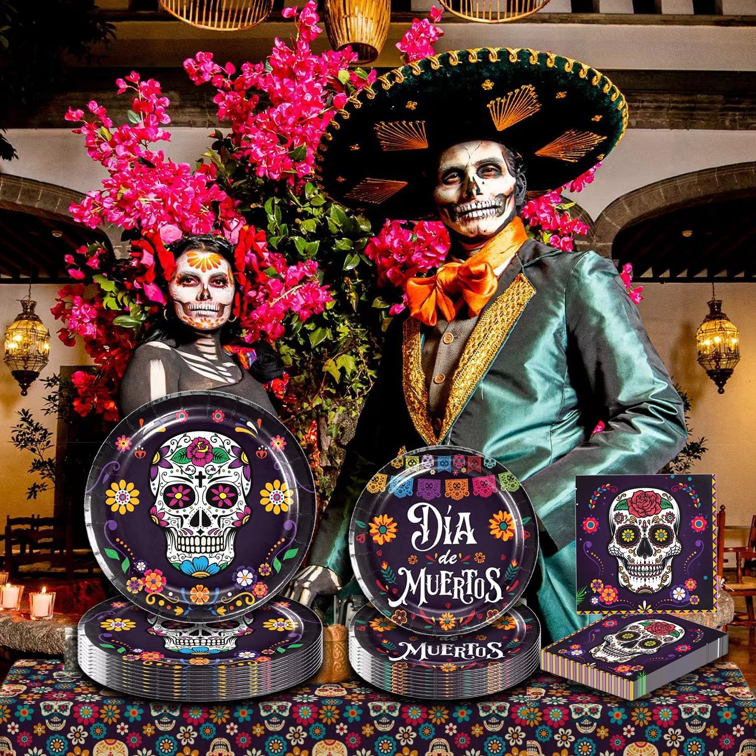 Juego de 64 piezas de vajilla para fiesta del Día de los Muertos Día de los Muertos, suministros de fiesta de calavera de azúcar, platos para fiesta