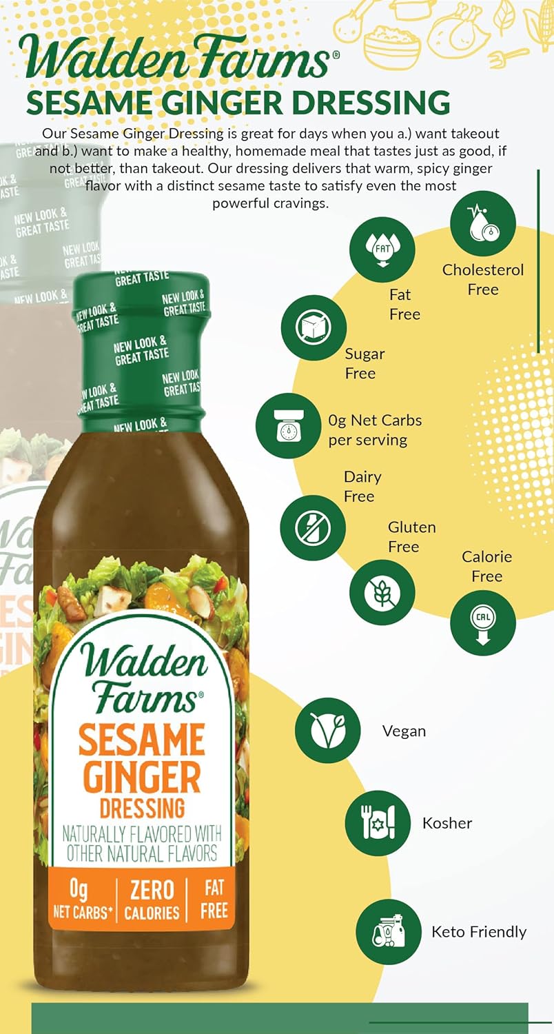 Walden Farms Aderezo de jengibre y sésamo, botella de 12.oz (paquete de 2)  Fresco y delicioso, 0.00 oz de carbohidratos netos, condimento Kosher,