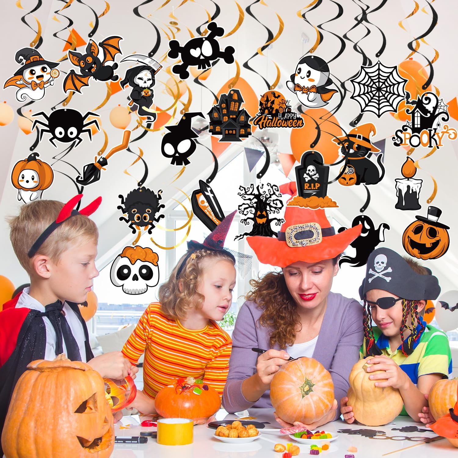 Decoraciones de remolinos colgantes de Halloween, 24 piezas de decoraciones colgantes de Halloween, 36 remolinos en espiral, adornos de techo para