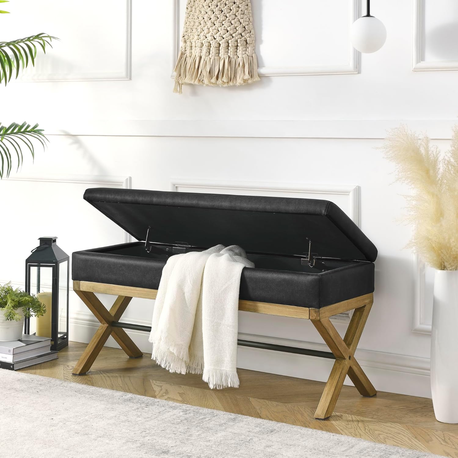 Otomanas de almacenamiento acolchadas, taburete de dormitorio, taburete de cama tejido con patas de madera cruzadas, adecuado para sala de estar y