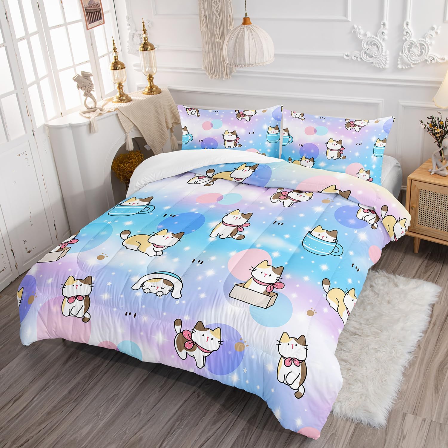 Juego de edredón para niños, tamaño matrimonial, 3 piezas, colorido arco iris con purpurina y estrellas, juego de ropa de cama con diseño de pata de