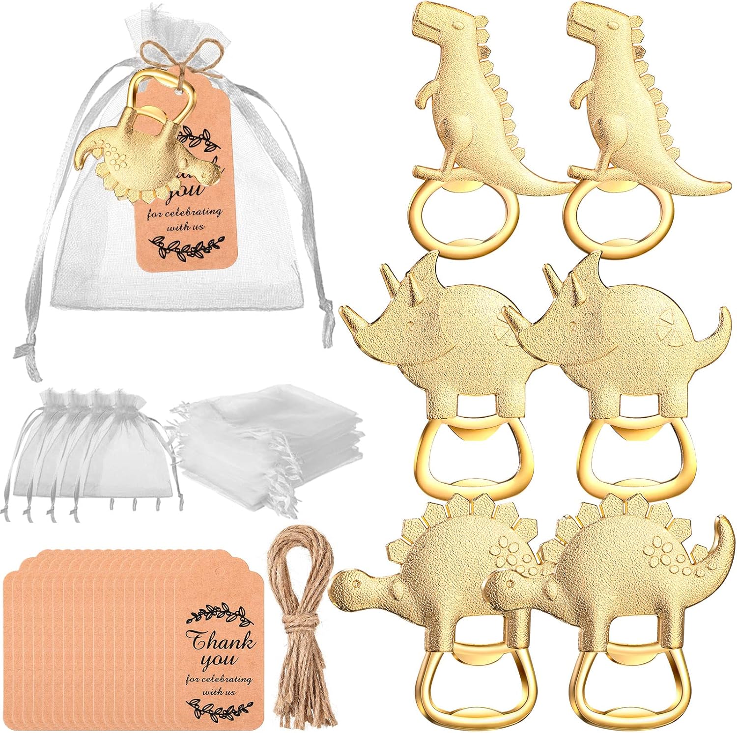 54 piezas de abrebotellas de dinosaurio, regalos de devolución de baby shower para invitados, abridor de botellas y recuerdos con bolsas de organza,