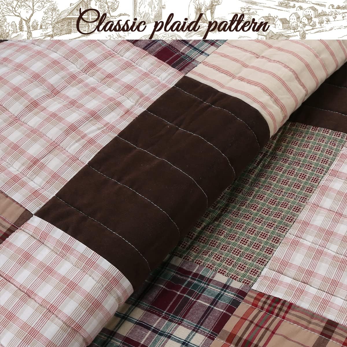 Cozy Line Home Fashions Brody Farmhouse – Juego de ropa de cama reversible con diseño de retazos reales a rayas de chocolate (cuadros marrones,