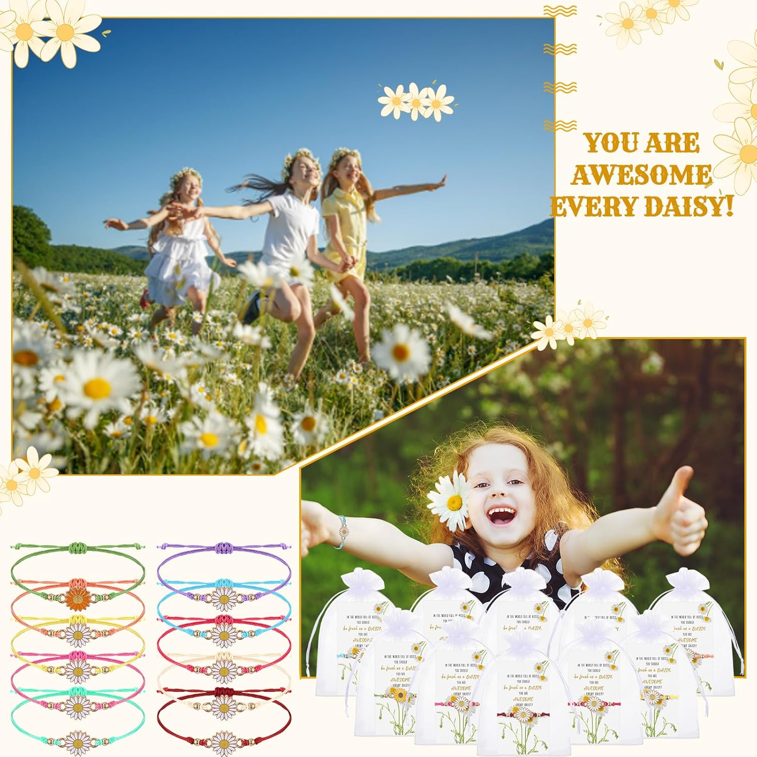 30 juegos de pulseras inspiradoras a granel, regalos de margaritas coloridas, pulsera de margaritas lindas, pulsera de girasol con tarjetas