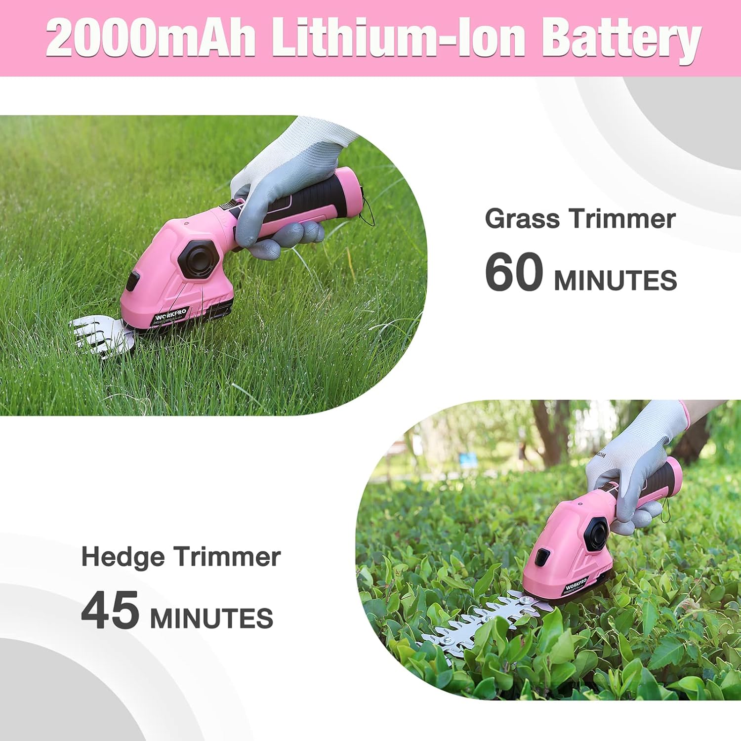 WORKPRO Pink Cordless Grass Shear & Shrubbery Trimmer – 2 in 1 Handheld Hedge Trimmer 7.2V Electric Grass Trimmer Hedge ShearsGrass Cutter 2.0Ah