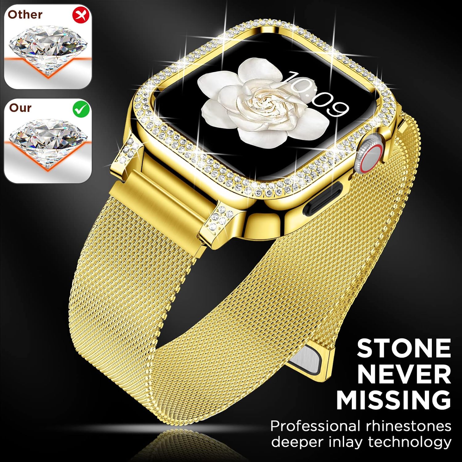 XYF Correas brillantes compatibles con Apple Watch Band de 1.575 pulgadas para mujeres con parachoques, malla de acero inoxidable, magnética, de
