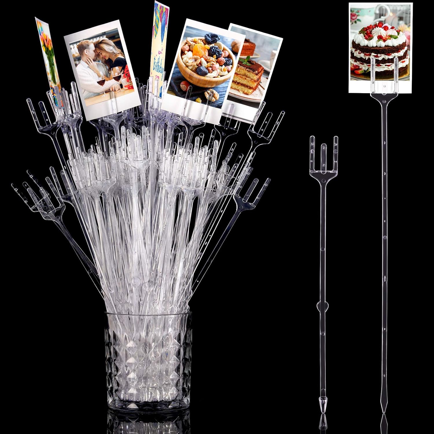 Púas florales de plástico de 9.4 y 12.2 pulgadas, púas florales transparentes en forma de tenedor, portatarjetas para tarjetas, fotos, arreglos