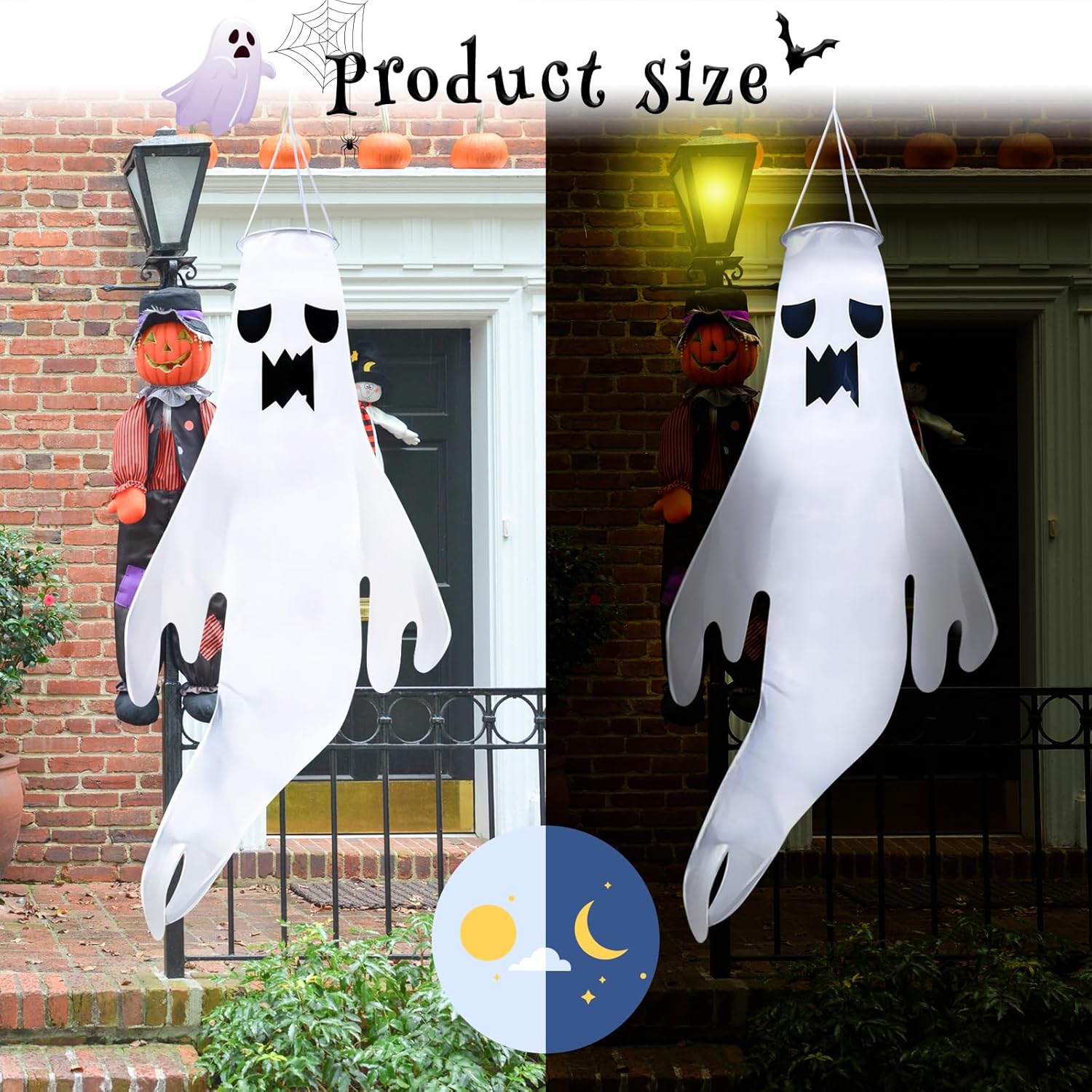 4 turbinas de viento fantasma de Halloween de 45 pulgadas para decoración al aire libre, lindo fantasma con control remoto y cadena de luz LED, 8