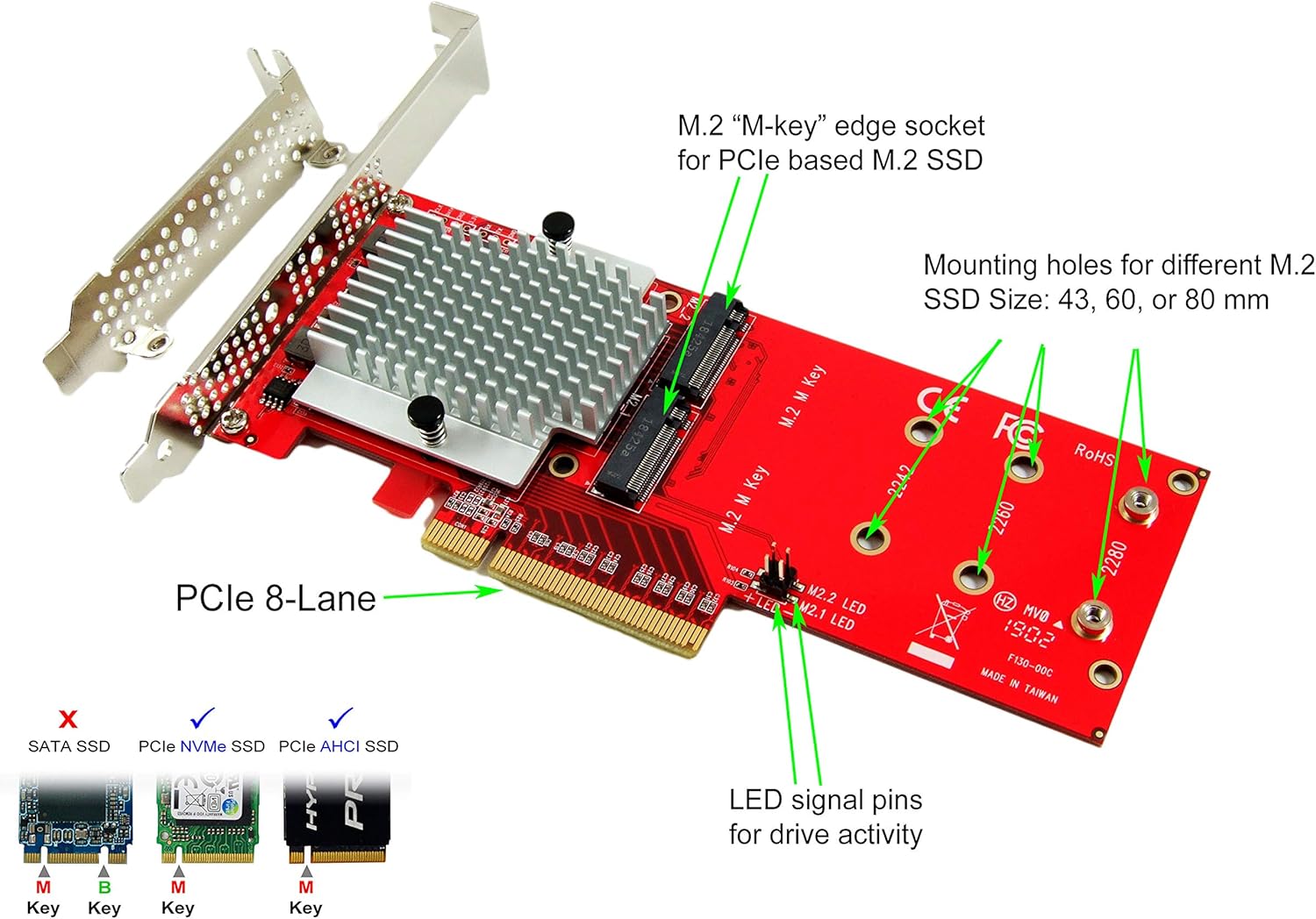 Ableconn Tarjeta adaptadora PEXM2-130 Dual M.2 PCIe NVMe SSD  PCI Express 3.0 x8  x16 compatible con 2 unidades M.2 NGFF (M-Key) PCIe NVMe SSD para