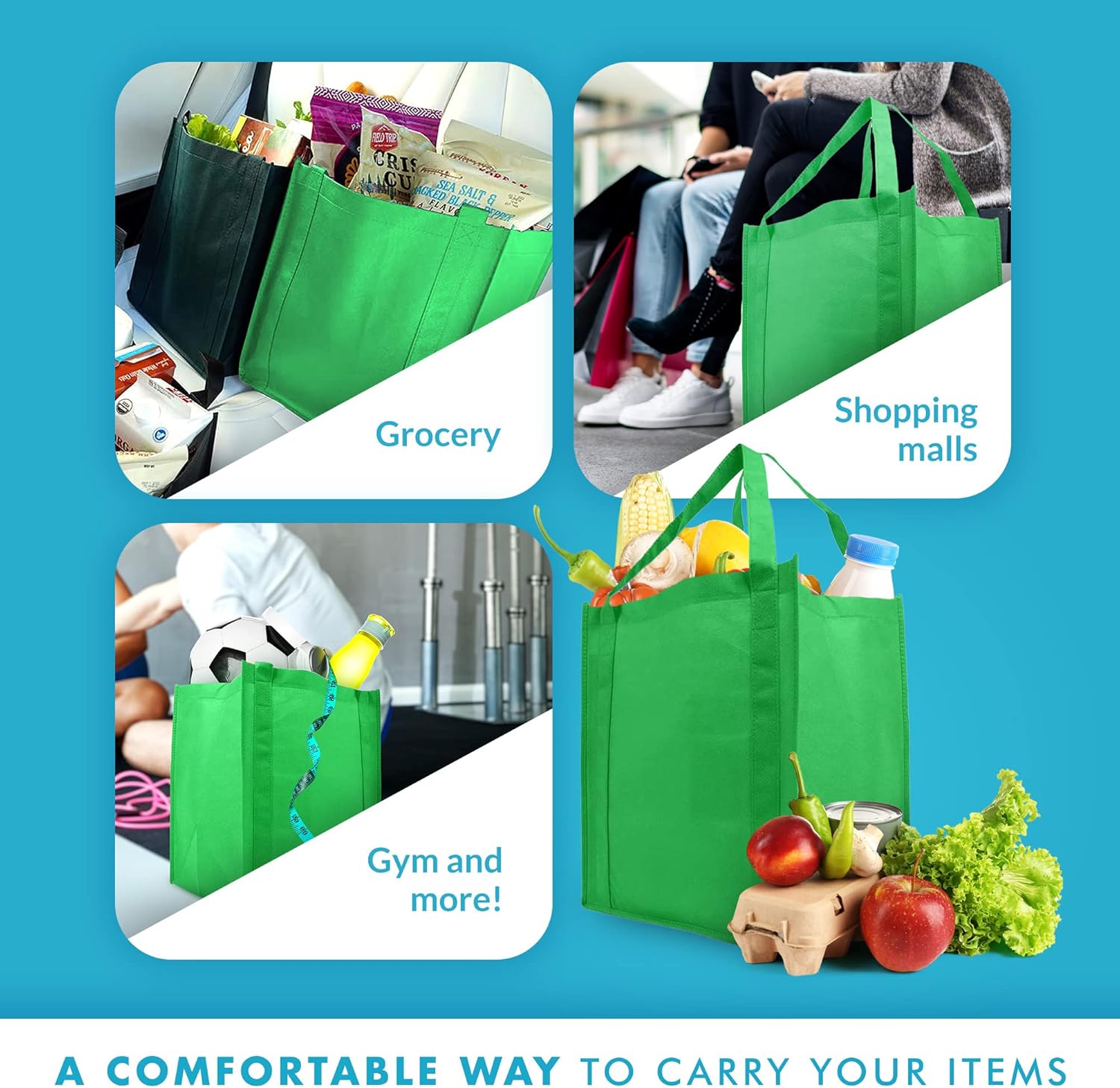 Bolsa para compras reutilizable grande, paquete de 10, Verde Kelly