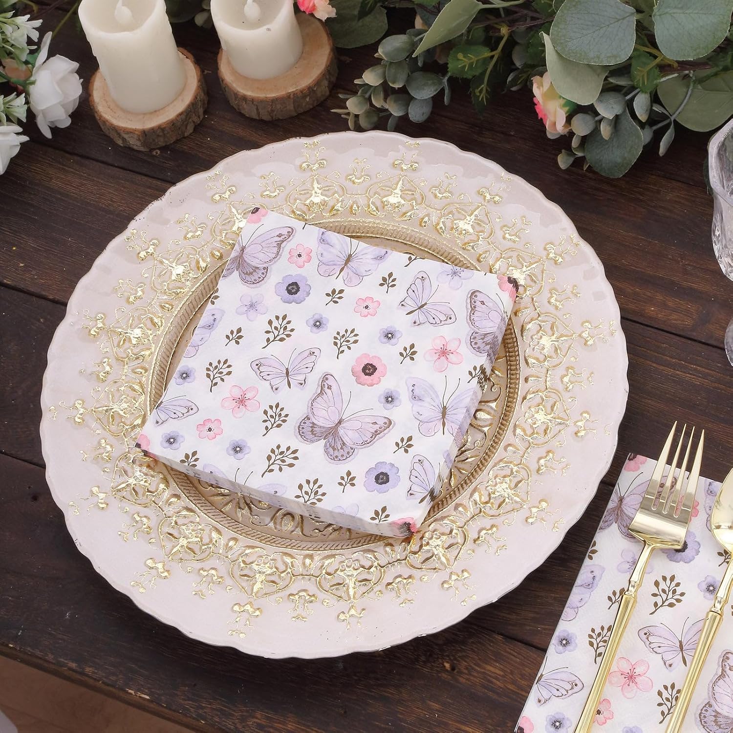 Efavormart – Paquete de 20 servilletas de papel de mariposa lavanda marfil, elegantes servilletas desechables de cóctel para fiesta de jardín, 18 GSM