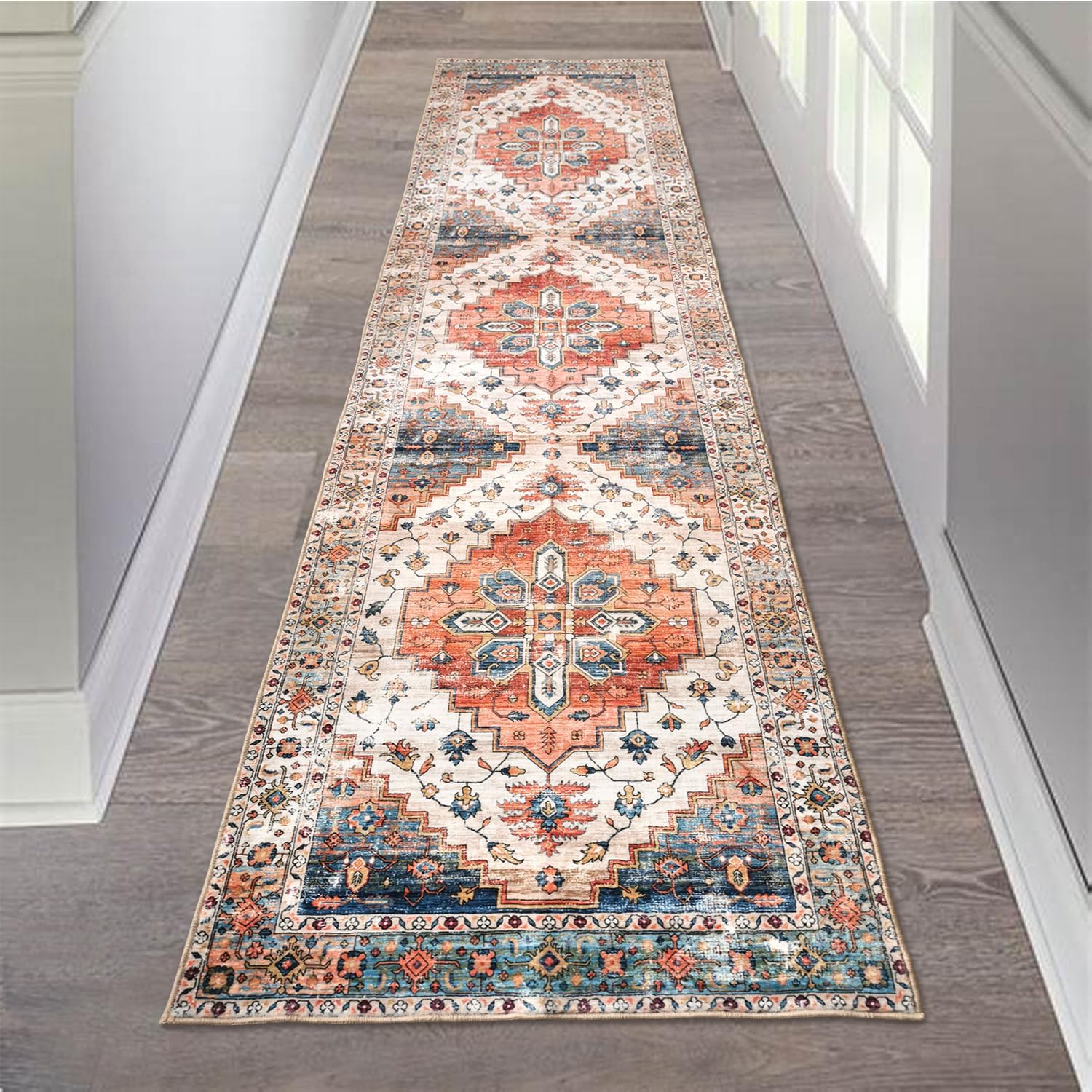 Aopota Hallway Runner Rug with Rubber Backing Low Pile Large Rug Runner Vintage Rug Retro Distressed Carpet Thin Foldable Non Slip Bathroom Kitchen