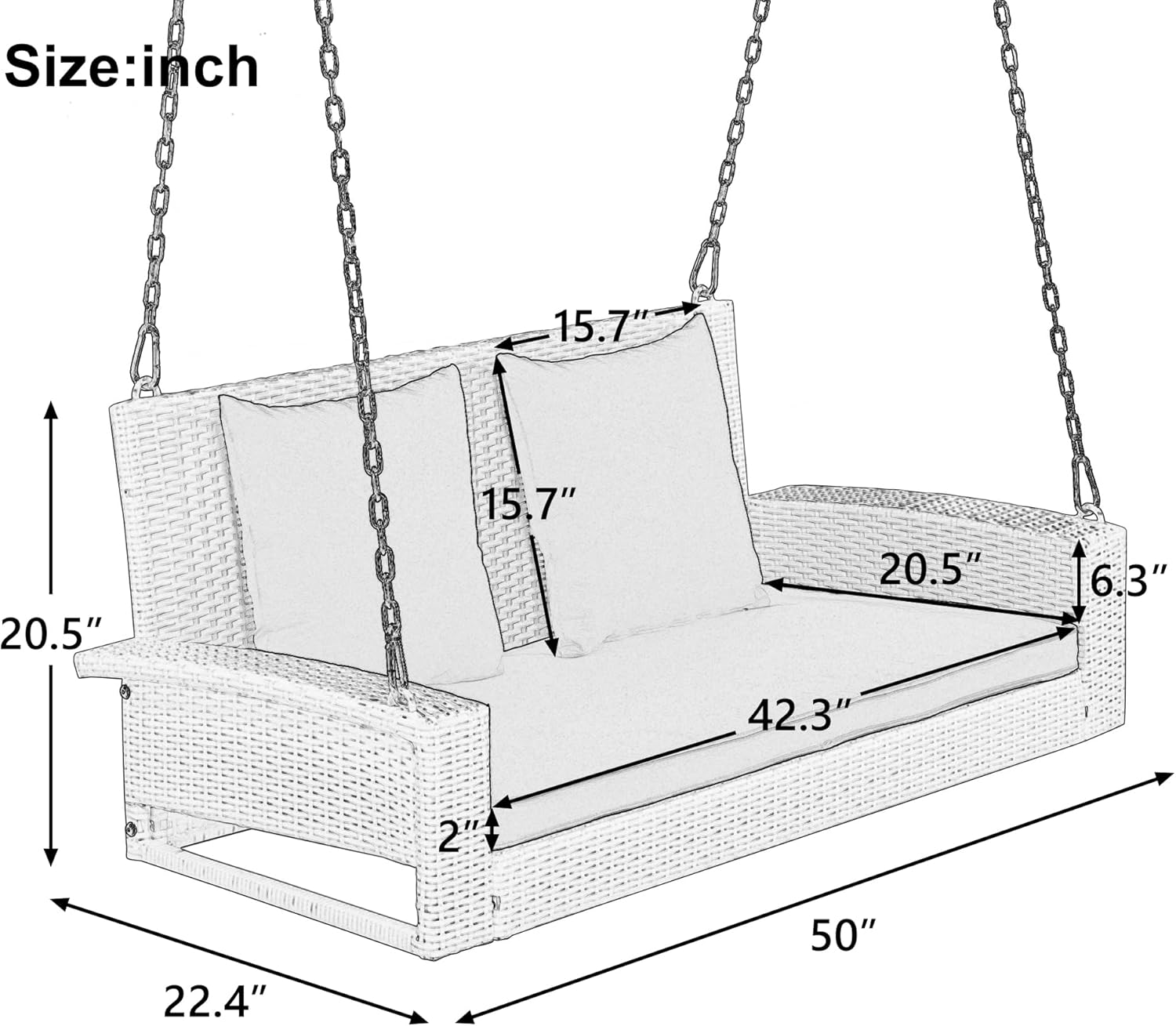 Columpios de mimbre para porche para 2 personas, columpio colgante para porche con cadenas, cojín azul y almohada, columpio de banco al aire libre