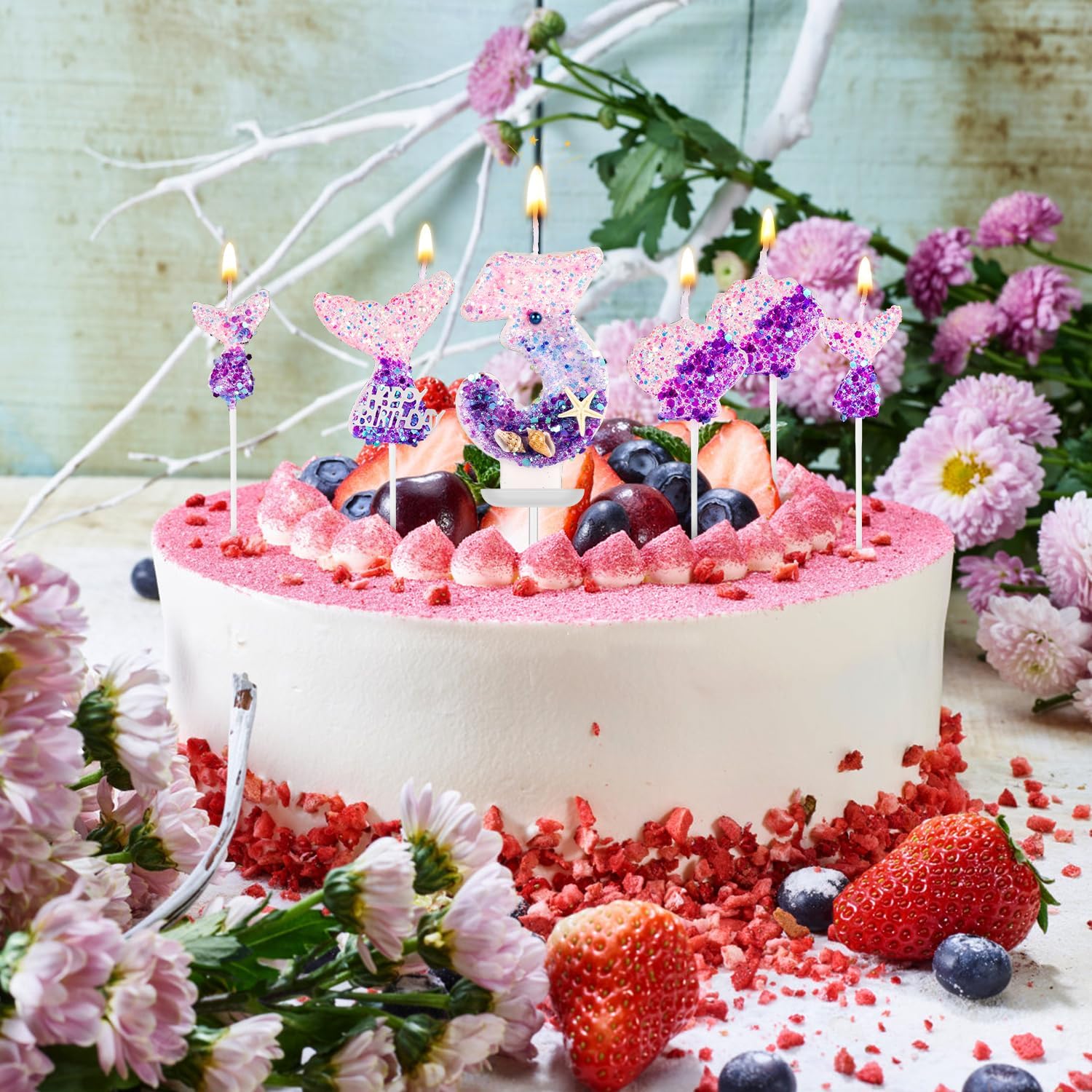 Velas de número de sirena, 6 piezas de decoración de pastel de sirena, velas numéricas de lentejuelas, color rosa y morado, centros de mesa para
