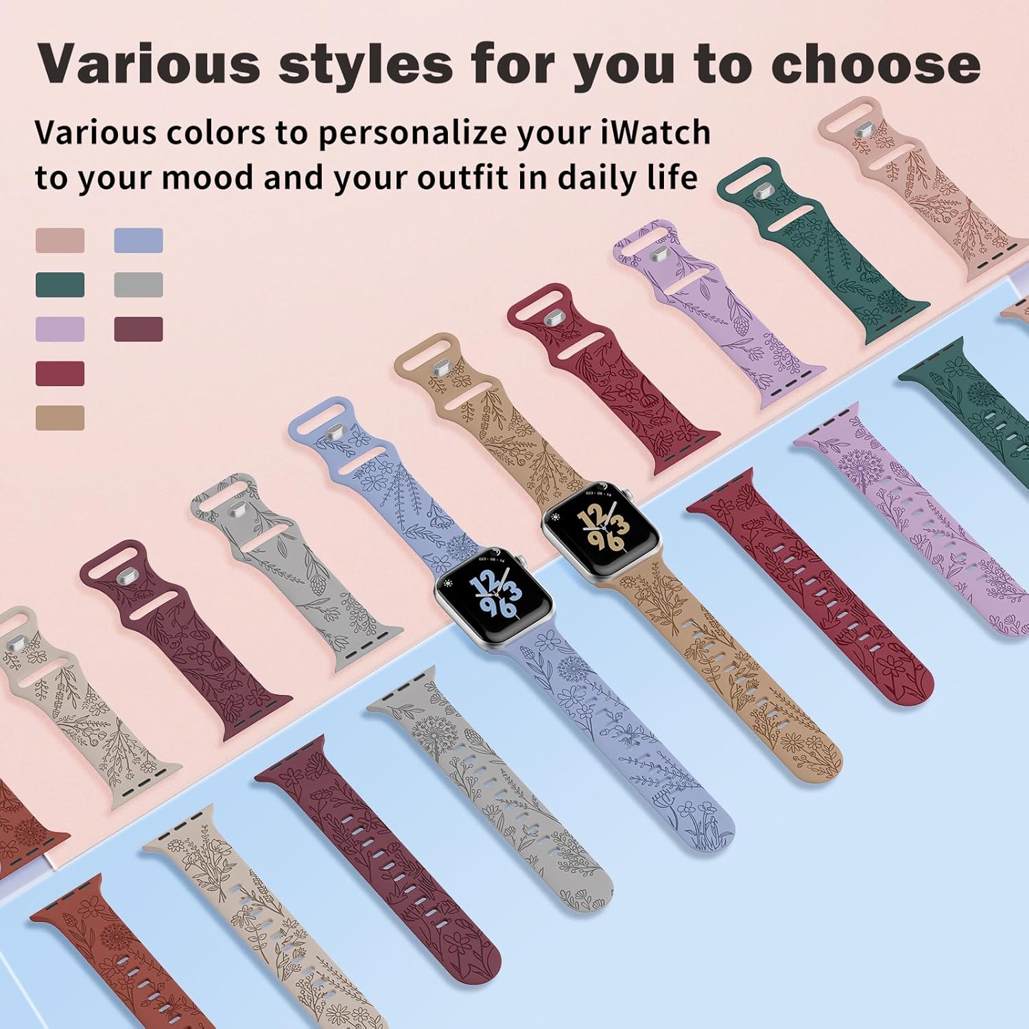 Paquete de 4 correas grabadas florales compatibles con correas de Apple Watch de 1.496 pulgadas, 1.575 pulgadas, 1.614 pulgadas, 1.654 pulgadas,