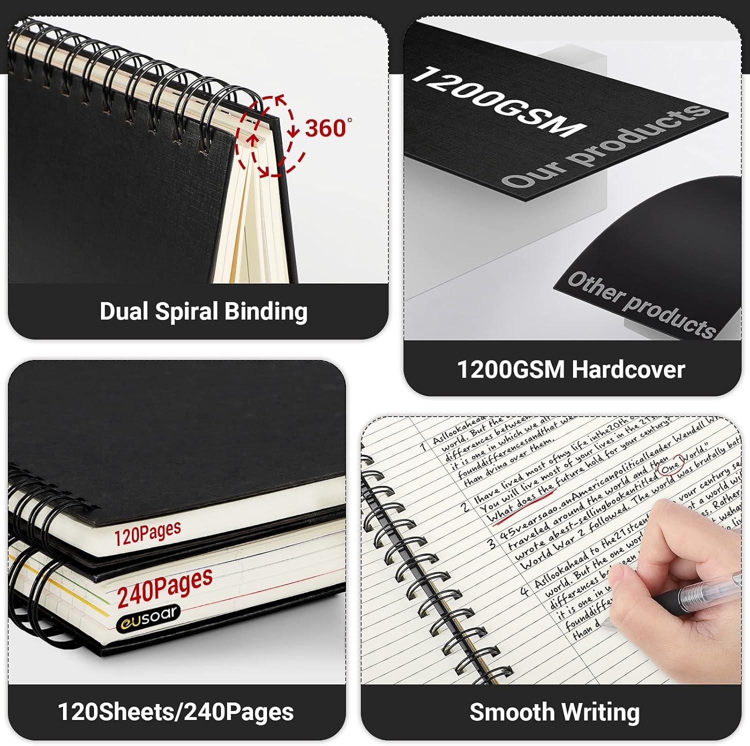 EUSOAR Cuaderno de 5 materias con rayas universitarias, 1 paquete A4 de 11 x 8-12 pulgadas, papel de línea de 100 GSM, 120 hojas240 páginas,