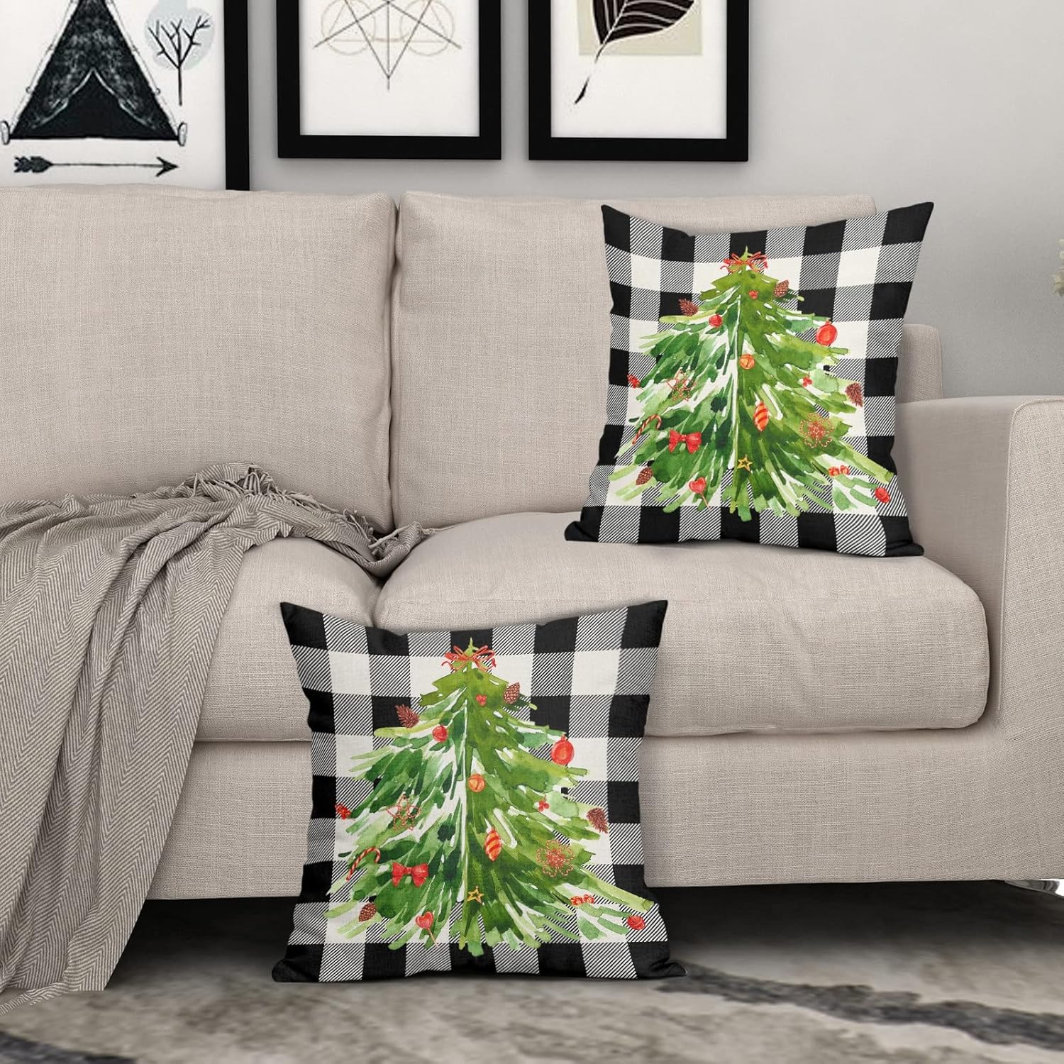 Kawani Juego de 2 fundas de almohada decorativas con diseño de árbol de Navidad en acuarela de 18 x 18 pulgadas, fundas de almohada decorativas de