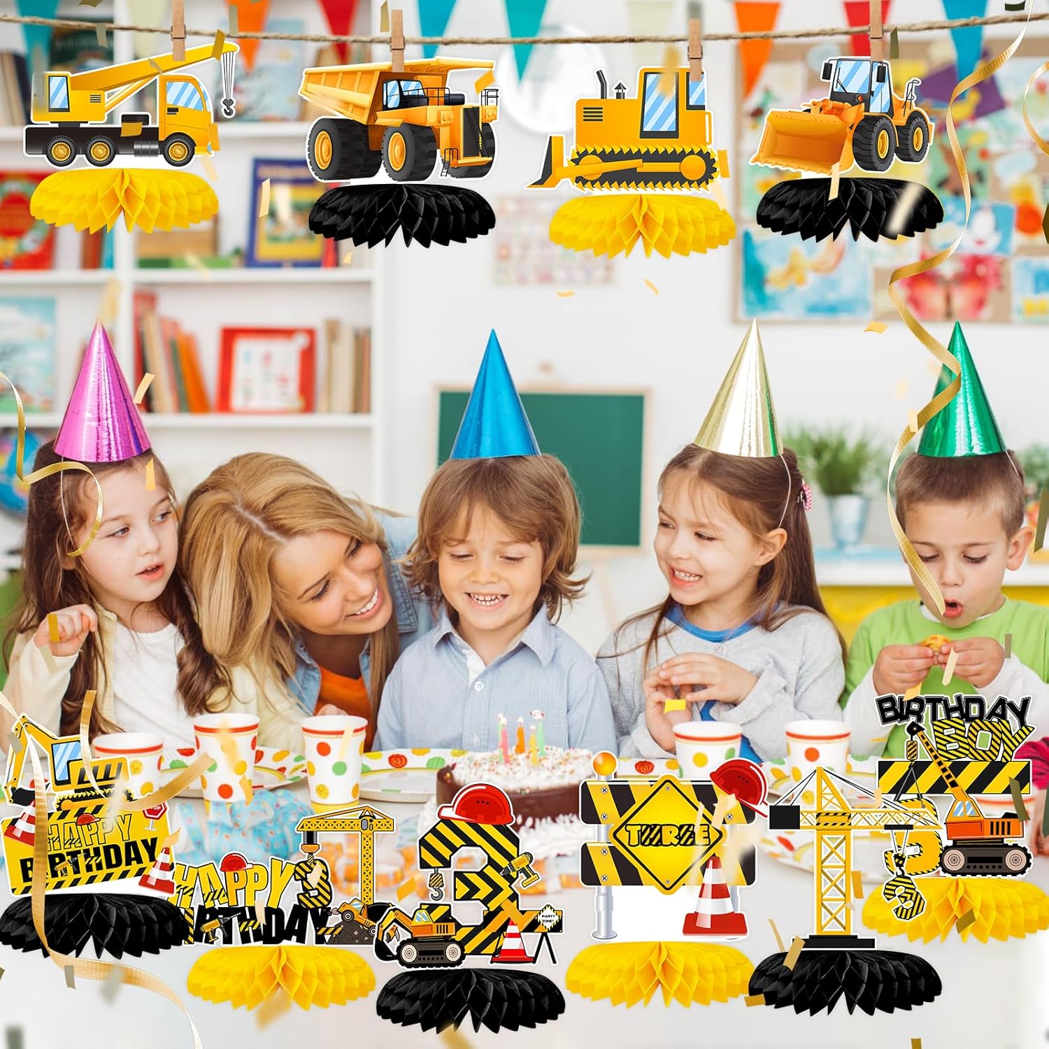 10 centros de mesa de construcción de panal de abeja para decoración de fiesta de tercer cumpleaños para niños, camión volquete, cono, zona de
