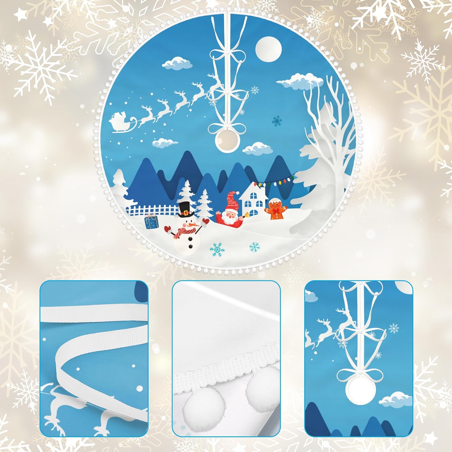 Falda de árbol de Navidad azul de 36 pulgadas con ribete de pompones, tapete de árbol de Navidad blanco con bonito Papá Noel, reno, gnomo, granja,