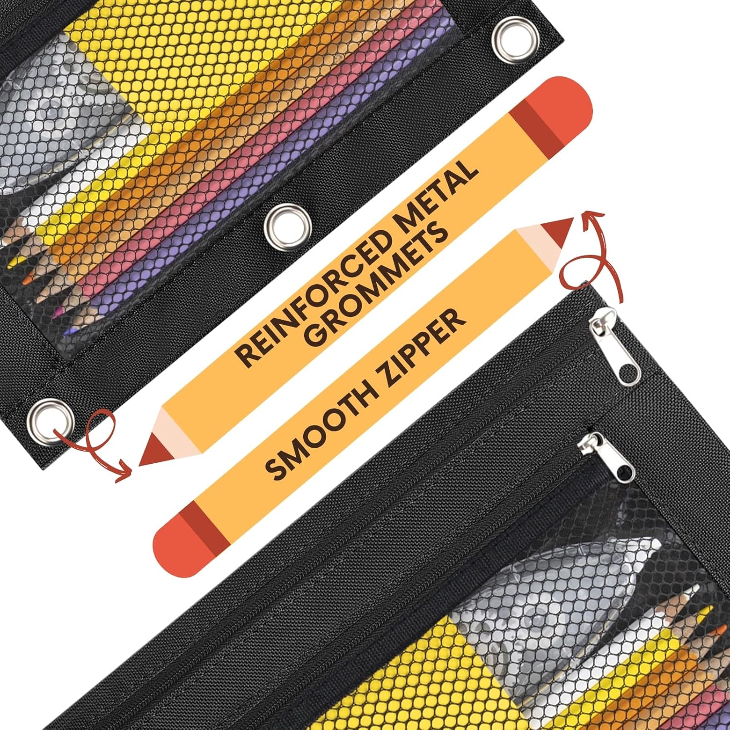 Estuche para lápices con 3 anillas, con cremallera, estuche para cosméticos, paquete de 2