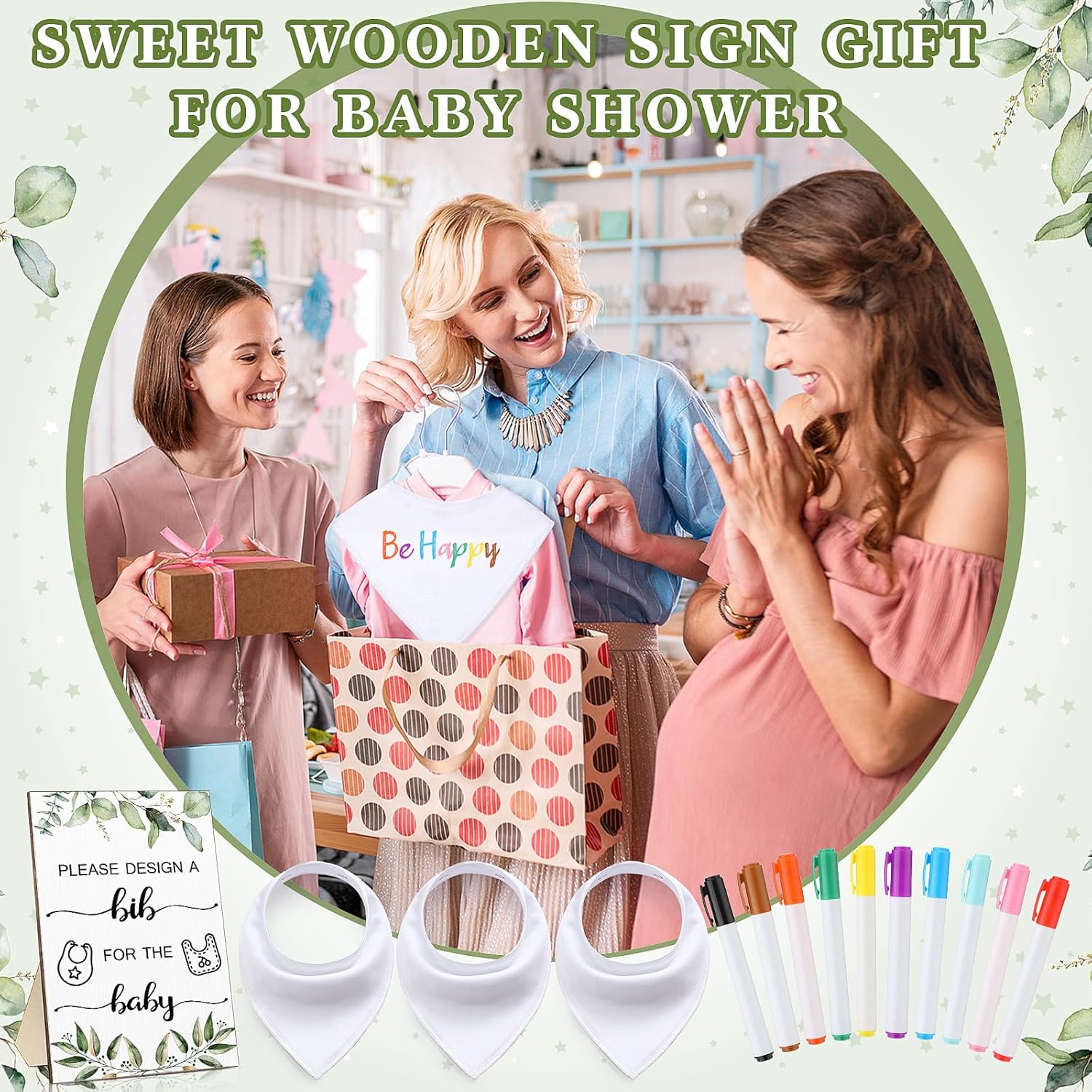 Qunclay Juego de 36 baberos para baby shower, diseño de babero para bebé, 25 baberos blancos en blanco para bebé, 1 letrero de babero de madera, 10