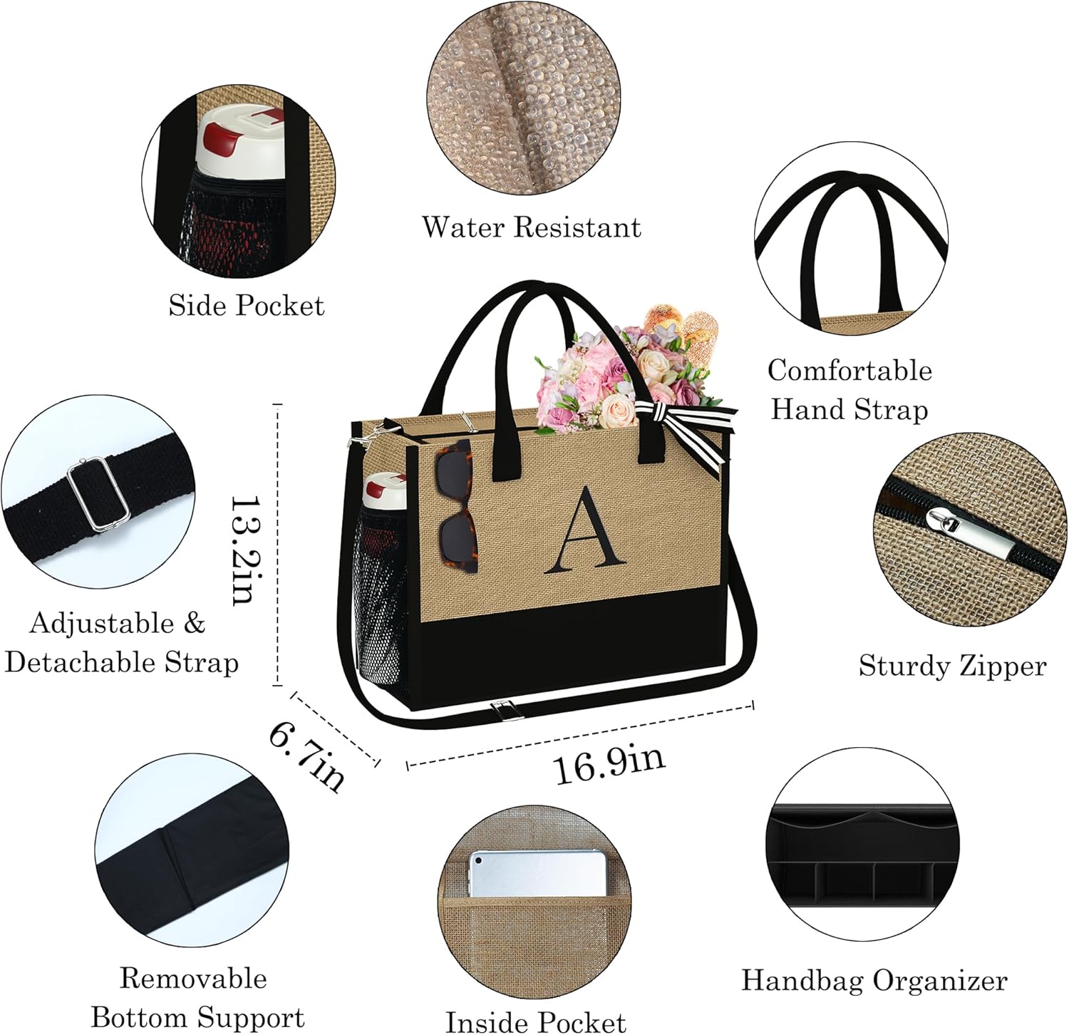Bolsa de yute con inicial, con inserto organizador de bolsa, bolsa de viaje personalizada, regalos de cumpleaños para mujeres