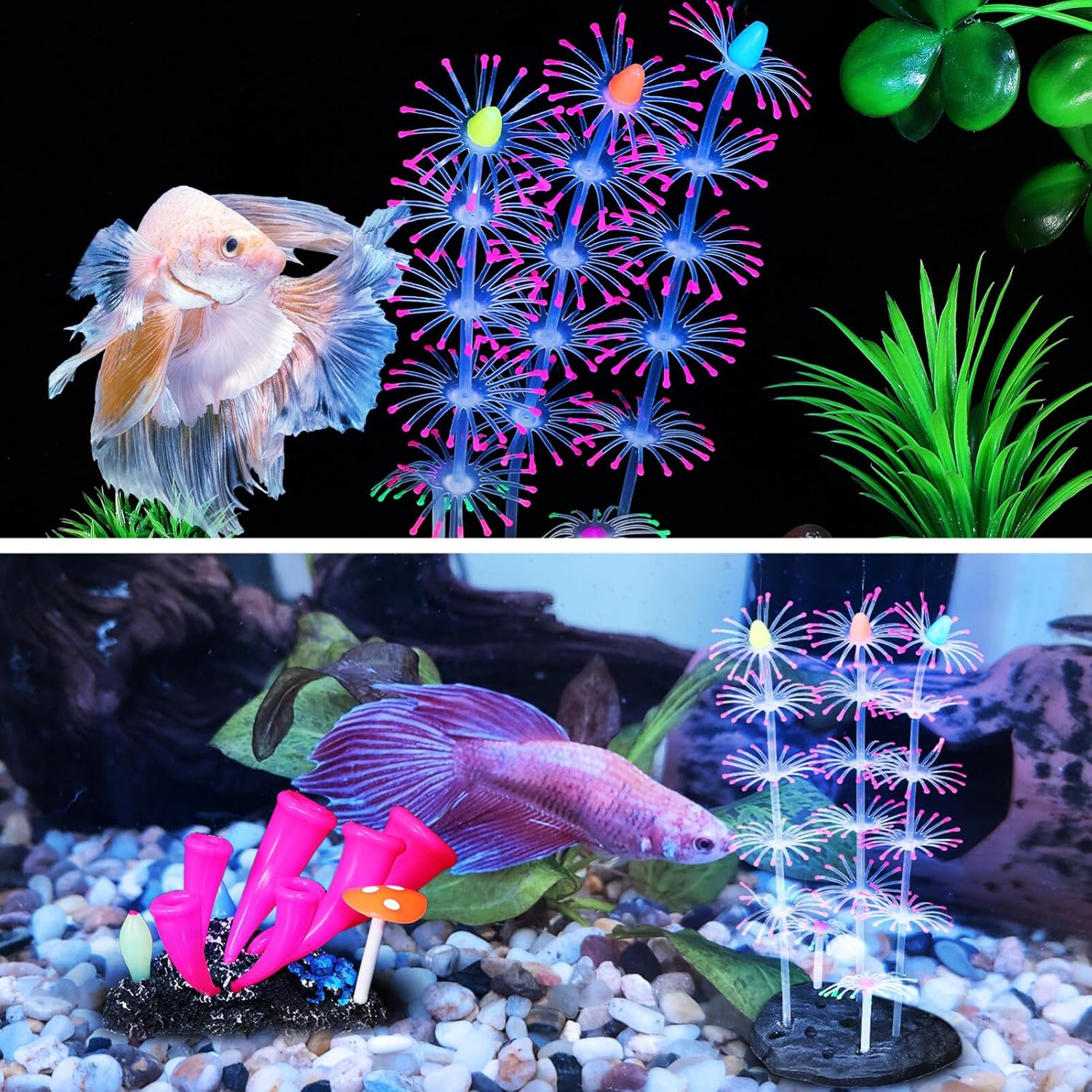 POPETPOP Decoraciones brillantes para pecera, 2 plantas de acuario de simulación de silicona de coral, plantas de acuario, adorno de acuario, planta