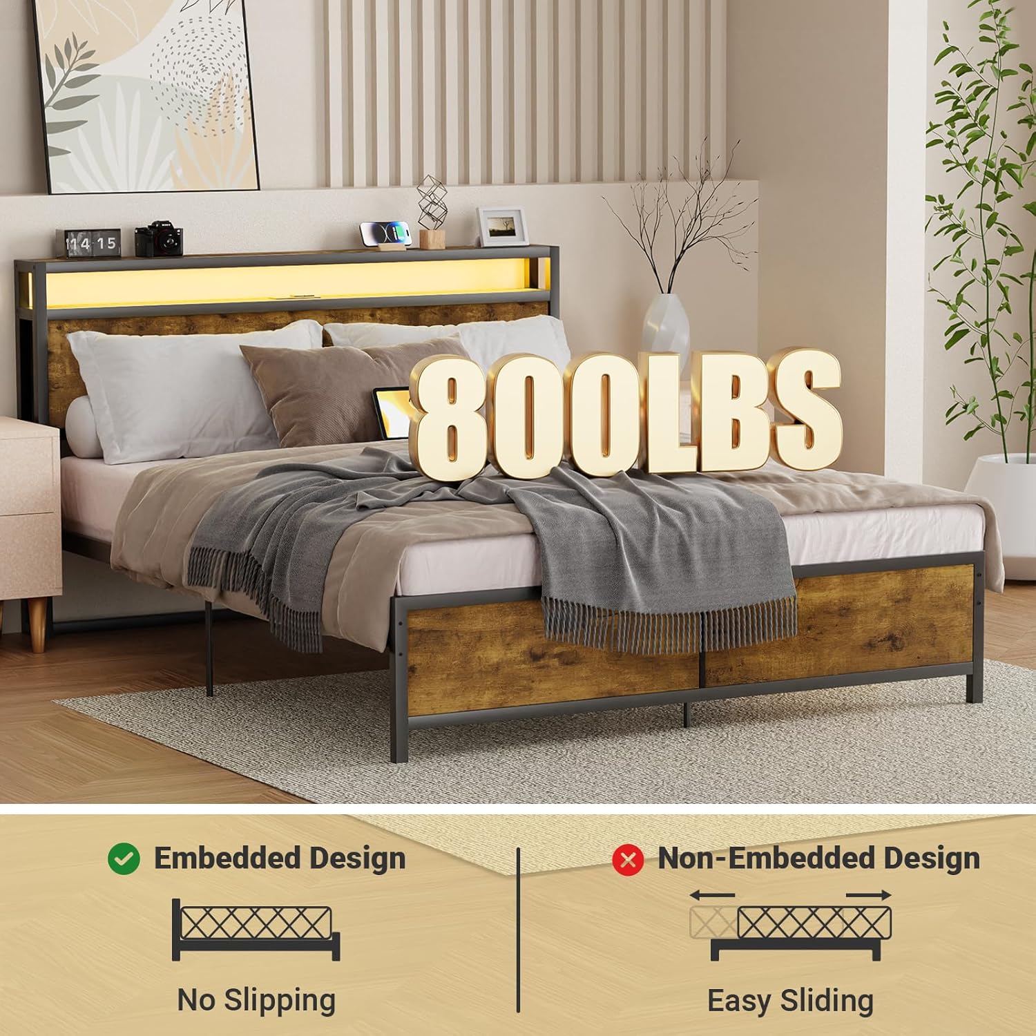Zevemomo Base de cama Queen con control remoto y control por aplicación, luces LED RGB, marco de cama de plataforma tamaño Queen con cabecera de