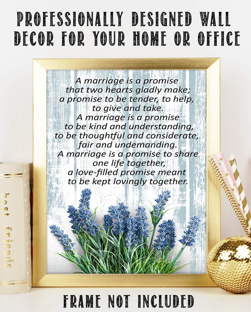 Romántico, con texto en inglés “A Marriage is a Promise.” Staying Together, aspecto vintage de madera con flores de lavanda azules y palabras