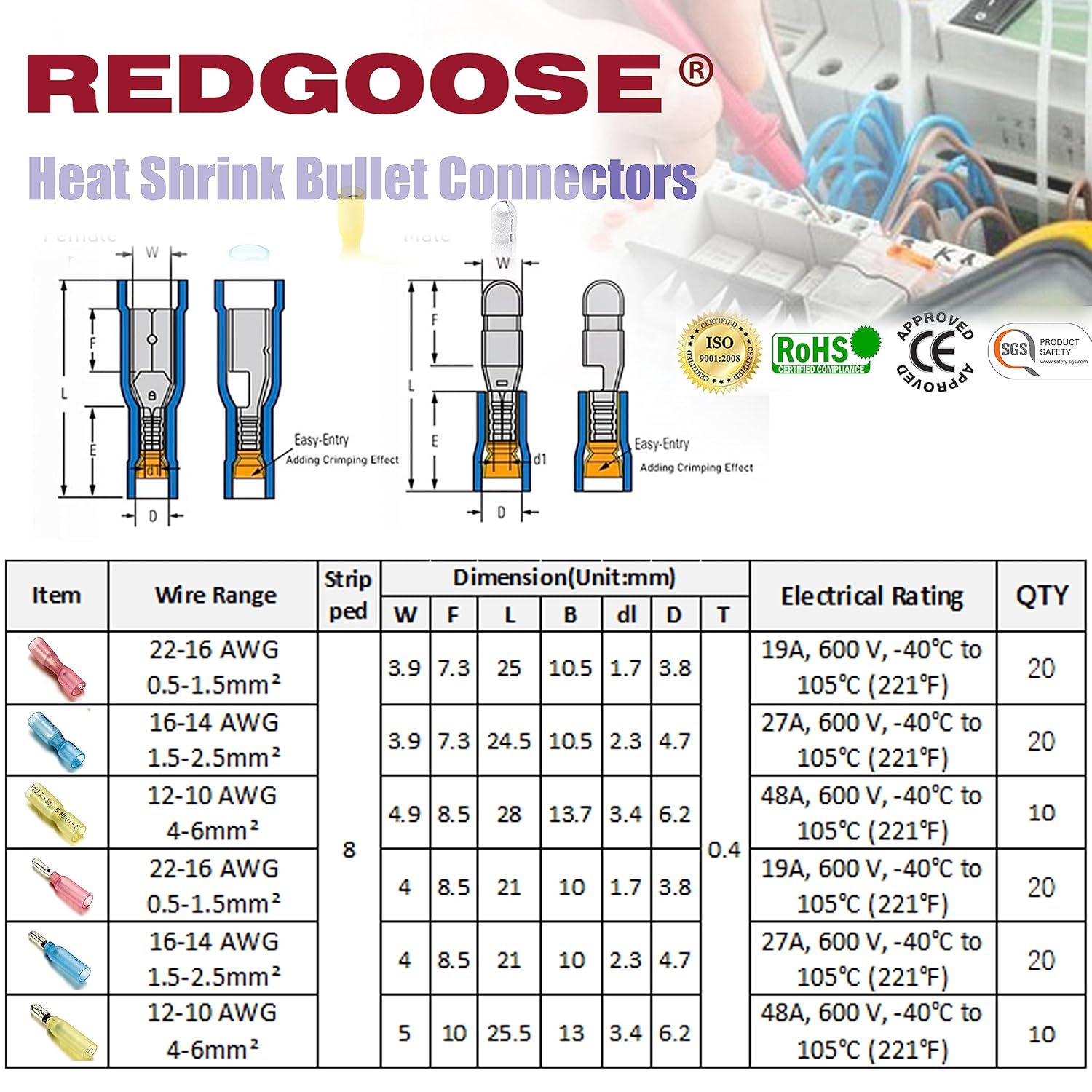 REDGOOSE 100 conectores de bala termorretráctiles calibre 22-10, aislados, impermeables, eléctricos, marinos, automotrices, hembras y machos, kit