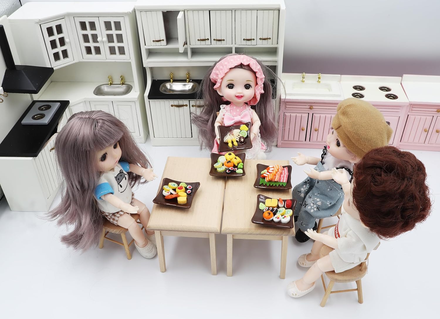 Juego de 5 piezas de comida en miniatura de sushi Bento en plato de cerámica, casa de muñecas, alimentos en miniatura, para el hogar, cocina en