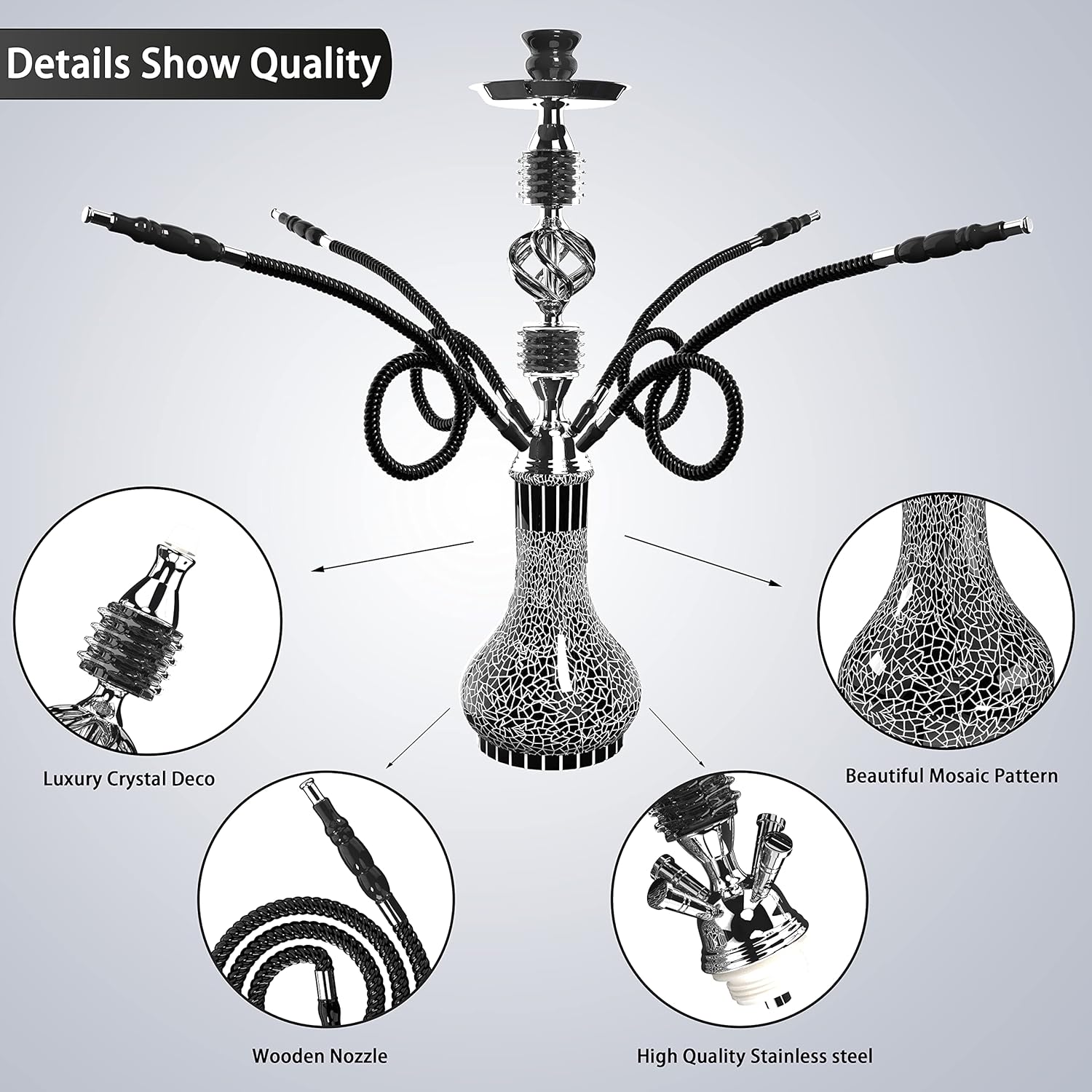 Juego completo de cachimba con 4 mangueras, kit de shisha grande de 22 pulgadas para hasta 4 personas con todo lo incluido, cuenco de cerámica