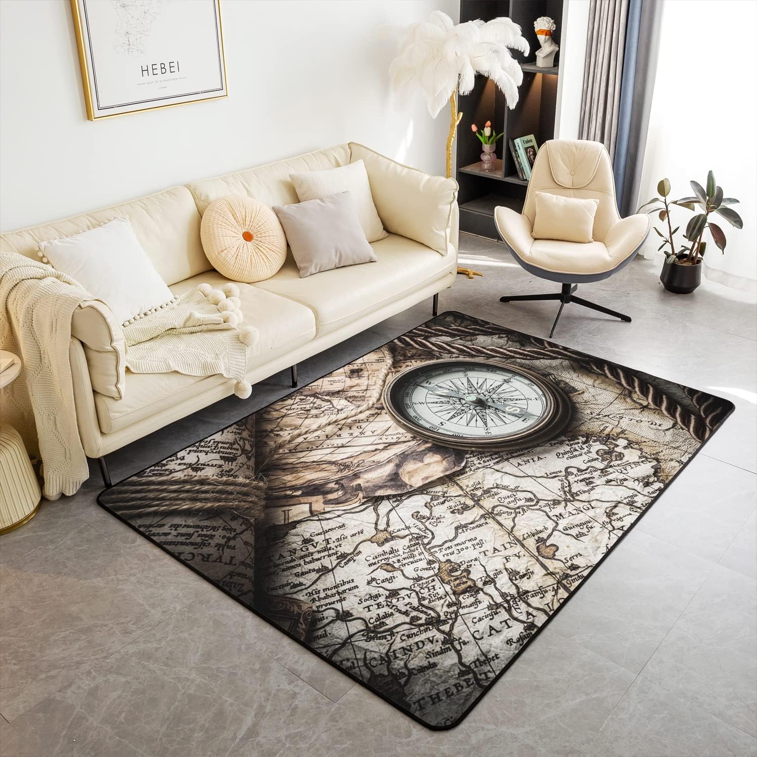 Alfombras con estampado de brújula para sala de estar, dormitorio, decoración náutica retro, alfombra decorativa, alfombra de viaje oceánico, mar,