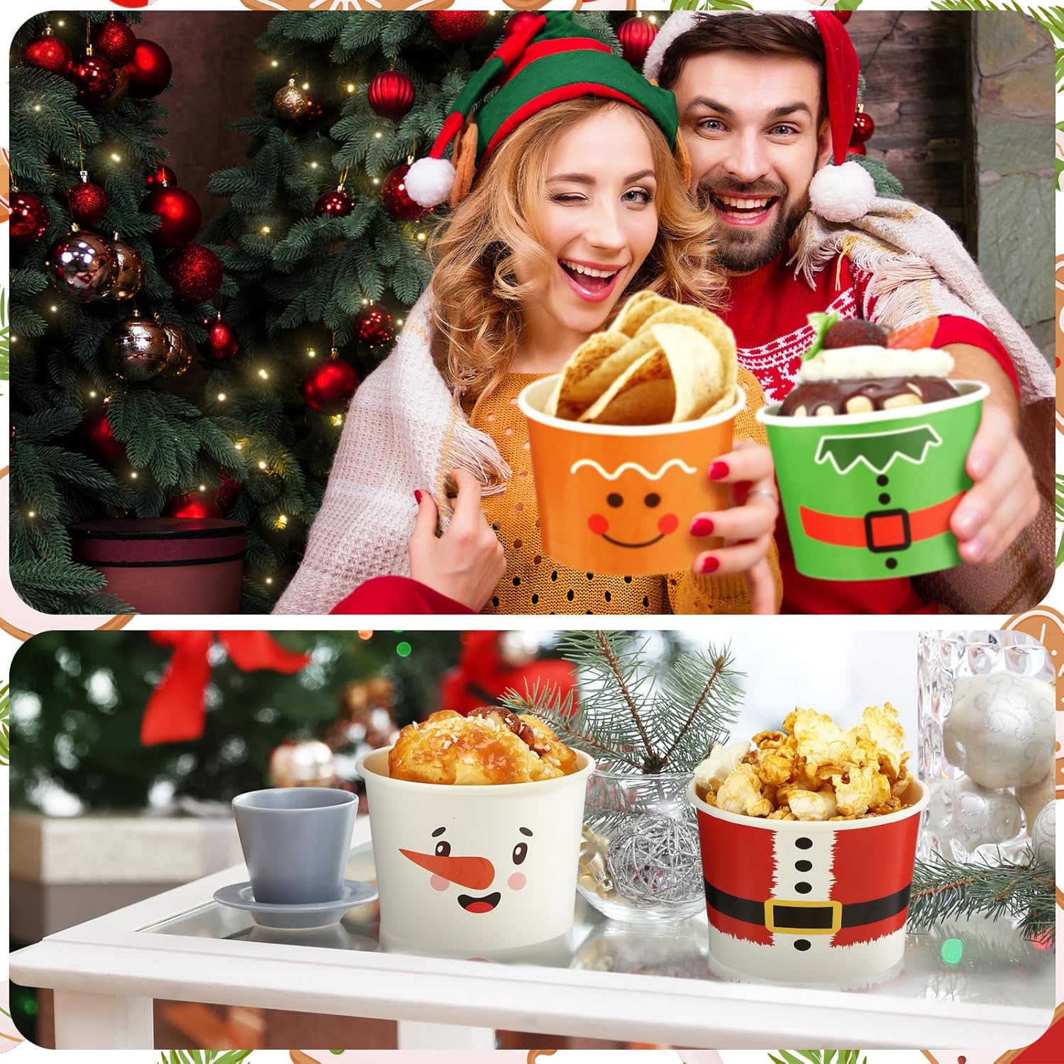 200 cuencos desechables de Navidad de 9 onzas, tazas de aperitivos de Navidad, cuencos de papel para helado, muñecos de nieve navideños, cuencos de