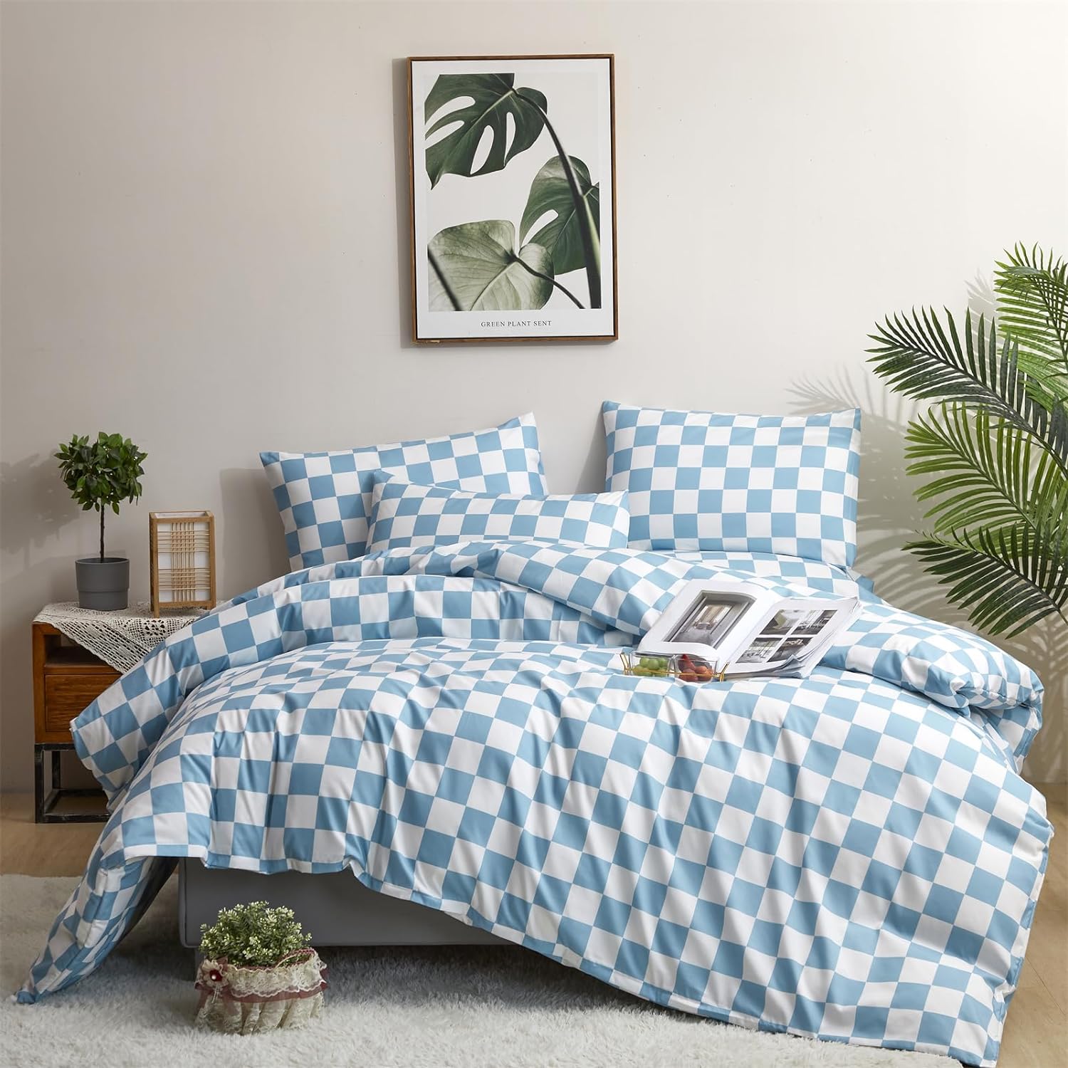 Juego de edredón de cuadrícula azul y blanco, juego de ropa de cama a cuadros azules y blancos para niñas, juego de edredón transpirable para niños,