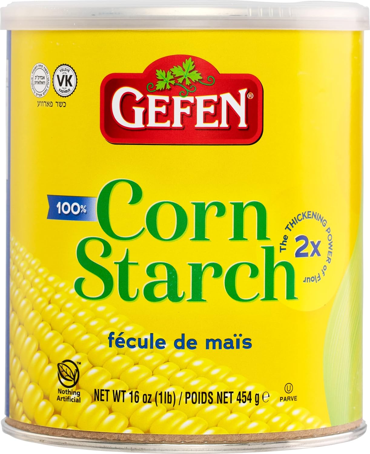 Gefen Almidón de maíz, 100% puro, recipiente de 16 onzas con tapa resellable, Kosher, gran alternativa a la harina, el doble del poder espesante de