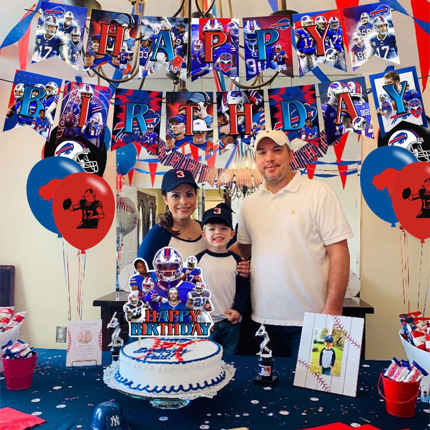 Bills – Decoraciones para fiestas, suministros de fiesta de cumpleaños para fiesta de fútbol de búfalo, incluye pancarta, decoración para tartas, 12